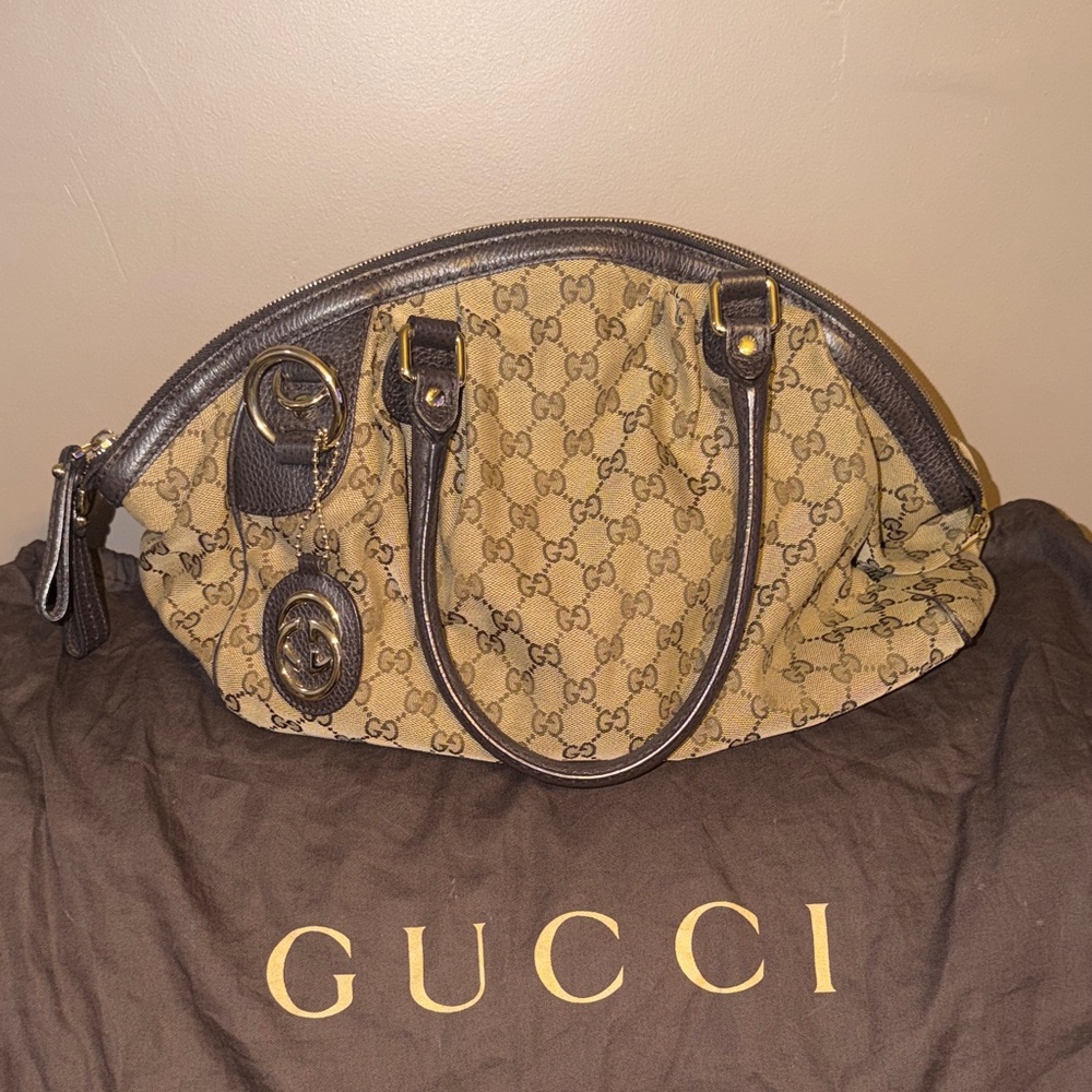 Gucci Beige Brown GG Canvas Dome Shoulder Bag